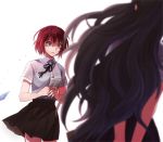  2girls back black_hair crying crying_with_eyes_open dangan_ronpa freckles green_eyes koizumi_mahiru long_hair multiple_girls okuragon photo_(object) redhead satou_(dangan_ronpa) school_uniform shocked_eyes short_hair simple_background solo_focus super_dangan_ronpa_2 tears very_long_hair white_background 