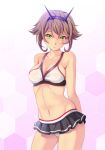  1girl adapted_costume arms_behind_back bikini bikini_skirt blush breasts brown_hair collarbone cowboy_shot green_eyes headgear hex_grid kantai_collection looking_at_viewer mutsu_(kantai_collection) navel shian_(my_lonly_life.) solo stomach swimsuit 