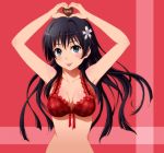  1girl :p arms_up black_hair blue_eyes blush bra breasts bust chocolate chocolate_heart flower hair_flower hair_ornament heart heart_hands long_hair plaid plaid_bra red_bra saten_ruiko shian_(my_lonly_life.) smile solo to_aru_kagaku_no_railgun to_aru_majutsu_no_index tongue tongue_out underwear 