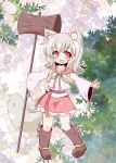  1girl :d animal_ears bell boots borrowed_character detached_sleeves fox_ears fox_tail grimorigin hammer musical_note neko_yume open_mouth original red_eyes silver_hair skirt smile tail wide_sleeves wooden 