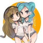  2girls aqua_hair beta_(inazuma_eleven) blush breasts brown_eyes brown_hair buruma copyright_name gym_uniform hairband heart inazuma_eleven_(series) inazuma_eleven_go inazuma_eleven_go_chrono_stone long_hair multiple_girls nankai nanobana_kinako open_mouth smile tongue white_background 