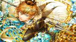  1boy bee blonde_hair blue_eyes crown dr. fairy fairy_wings flower honey honeycomb jewelry original personification polearm short_hair solo spear weapon wings 