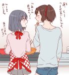  2girls ^_^ black_hair brown_hair checkered_apron chopsticks closed_eyes contemporary cooking eating food ise_(kantai_collection) kantai_collection long_hair multiple_girls open_mouth ponytail short_hair shorts skirt smile stove translated udon_(shiratama) yamashiro_(kantai_collection) 