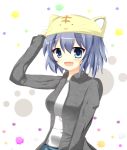  1girl :d blue_eyes blue_hair borrowed_character casual fang gaius_(nikoniko2) hand_on_headwear hat looking_at_viewer open_mouth original short_hair smile solo tagme 