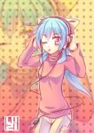  1girl ;p blue_hair casual digital_media_player hands_on_headphones headphones long_hair looking_at_viewer luzi one_eye_closed original ponytail red_eyes solo tagme tongue tongue_out walkman 