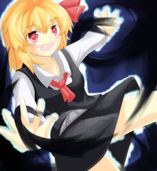  1girl :d ascot aura blonde_hair blouse darkness fang hair_ribbon open_mouth outstretched_arms red_eyes ribbon rumia short_hair skirt smile spread_arms touhou vest 