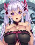  1girl :o babydoll bare_shoulders blush breasts bust choker cleavage frills hands_on_own_chest horns houtengeki large_breasts lavender_hair long_hair looking_at_viewer midriff open_mouth original pointy_ears red_ribbon ribbon sample solo twintails violet_eyes 