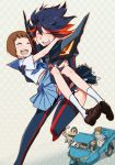  black_hair brown_hair carrying guts_(kill_la_kill) highres kill_la_kill maabou mankanshoku_barazou mankanshoku_mako mankanshoku_matarou mankanshoku_sukuyo matoi_ryuuko multicolored_hair multiple_girls princess_carry school_uniform senketsu serafuku short_hair thigh-highs two-tone_hair 