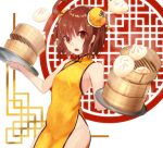  1girl :o ahoge alternate_costume bamboo_steamer bare_shoulders brown_eyes brown_hair bun_cover china_dress chinese_clothes covered_navel flat_chest food hair_bun linne nikuman no_panties short_hair side_slit solo under_night_in-birth yusano 