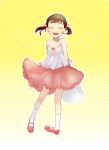  1girl :d blush brown_hair child closed_eyes doujima_nanako fake_wings gradient gradient_background hair_ribbon kamimon mary_janes open_mouth persona persona_4 ribbon shoes short_hair smile socks solo twintails white_legwear wings 