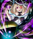  1girl bare_shoulders blonde_hair chest chromatic_aberration crazy_eyes crazy_smile darkness detached_sleeves dress glowing glowing_eye hair_over_one_eye halterneck long_hair meer_rowe open_mouth pandora_(p&amp;d) puffy_short_sleeves puffy_sleeves purple_dress puzzle_&amp;_dragons red_eyes short_sleeves smile solo very_long_hair 