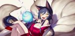  1girl ahri animal_ears bare_shoulders black_hair blush breasts cleavage crossed_legs detached_sleeves fang finger_to_mouth fox_ears fox_tail gwayo korean_clothes large_breasts league_of_legends long_hair looking_at_viewer multiple_tails open_mouth solo sphere tail whisker_markings yellow_eyes 