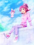  1girl :d aida_mana arm_support artist_name casual dated dokidoki!_precure hair_ornament highres looking_at_viewer nicca_(kid_nicca) open_mouth ponytail precure purple_legwear red_eyes redhead sharuru_(dokidoki!_precure) shoes sitting smile tagme thigh-highs zettai_ryouiki 