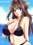  1girl arm_behind_back bikini breasts brown_hair chestnut_mouth hairband kantai_collection kongou_(kantai_collection) large_breasts long_hair looking_at_viewer glasses_man midriff navel ocean open_mouth solo swimsuit violet_eyes water 