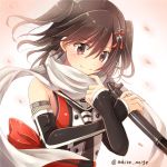  1girl brown_eyes brown_hair cherry_blossoms gloves kantai_collection looking_at_viewer scarf sendai_(kantai_collection) serino_itsuki short_hair smile solo torpedo twitter_username two_side_up 