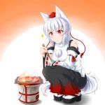  1girl :3 animal_ears bare_shoulders blush breasts dagitsune_yuu detached_sleeves fire food grill hat inubashiri_momiji looking_away meat pom_pom_(clothes) red_eyes ribbon-trimmed_sleeves ribbon_trim saliva saliva_trail sandals shichirin short_hair silver_hair sitting skirt solo tail tokin_hat touhou wolf_ears wolf_tail 