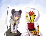 2girls animal_ears black_hair blonde_hair blush capelet expressive_tail grey_hair mouse_ears mouse_tail multicolored_hair multiple_girls nazrin open_mouth red_eyes shawl smile sweatdrop tail tail_raised tiger_ears tiger_tail toramaru_shou touhou two-tone_hair yoglasses