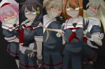  5girls black_background black_hair blonde_hair blue_eyes braid brown_eyes brown_hair commentary fingerless_gloves gloves glowing glowing_eyes hair_ornament hairclip harusame_(kantai_collection) highres kagerou_(nekomikoreimu398) kantai_collection long_hair looking_at_viewer multiple_girls murasame_(kantai_collection) neckerchief necktie pink_hair red_eyes scarf school_uniform serafuku shigure_(kantai_collection) shiratsuyu_(kantai_collection) short_hair side_ponytail single_braid smile smirk torpedo twintails white_scarf yuudachi_(kantai_collection) 