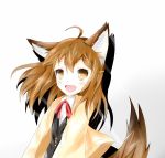  1girl :d animal_ears brown_eyes brown_hair fang fox_ears fox_tail highres open_mouth original shadow shirt smile sweater tail 