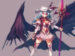  1girl bat_wings blue_hair bow breasts cape cleavage dress elbow_gloves gloves grey_background hat hat_bow holding large_breasts large_wings long_hair mob_cap older red_eyes remilia_scarlet simple_background solo spear_the_gungnir temmasa22 thigh-highs touhou very_long_hair white_legwear wings zettai_ryouiki 