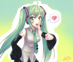  1girl :d ahoge detached_sleeves green_eyes green_hair hair_ornament hatsune_miku heart long_hair looking_at_viewer luzi necktie open_mouth pointing pointing_at_viewer signature smile solo spoken_heart tagme twintails vocaloid 