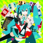  amplifier aqua_eyes aqua_hair grin guitar hatsune_miku instrument miyako_(miyako_lalala) necktie smile twintails vocaloid 