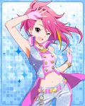  1girl ;d artist_request bracelet contrapposto crop_top fingerless_gloves gloves idolmaster idolmaster_million_live! jewelry looking_at_viewer maihama_ayumu multicolored_hair navel necklace one_eye_closed open_mouth pink_eyes pink_hair smile streaked_hair 