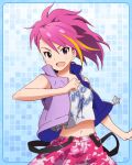  1girl :d artist_request camouflage_pants clothes_writing idolmaster idolmaster_million_live! maihama_ayumu midriff multicolored_hair navel open_mouth pink_eyes pink_hair smile streaked_hair vest 