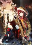  1girl :/ black_gloves boots boyogo building copyright_name fingerless_gloves gloves gun headset holding hooded_jacket long_hair looking_at_viewer military original plaid plaid_skirt pleated_skirt qurare_magic_library red_eyes redhead rifle school_uniform sitting skirt sniper_rifle solo tagme watermark weapon web_address 