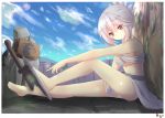  1girl bandages bare_legs barefoot breasts folded_ponytail head_tilt league_of_legends looking_at_viewer navel panties pantyshot pantyshot_(sitting) red_eyes riven_(league_of_legends) ryu_narb sarashi sign silver_hair sitting sky smile solo sword tagme under_boob underwear weapon 