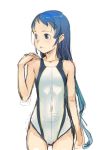  1girl alternate_costume blue_eyes blue_hair blush branch_(blackrabbits) competition_swimsuit kantai_collection long_hair one-piece_swimsuit samidare_(kantai_collection) simple_background sketch smile solo swimsuit very_long_hair white_background 