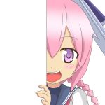  1girl :d braid headgear kantai_collection long_hair looking_at_viewer nagineko nenohi_(kantai_collection) open_mouth peeking_out pink_eyes pink_hair school_uniform serafuku single_braid smile solo tagme 