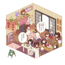  6+girls akagi_(kantai_collection) breasts cash_register chitose_(kantai_collection) comic failure_penguin fuuka_(fukasheu) haguro_(kantai_collection) indoors kantai_collection kuma_(kantai_collection) long_hair majokko_(kantai_collection) mamiya_(kantai_collection) multiple_girls naka_(kantai_collection) ponytail purple_hair restaurant shimakaze_(kantai_collection) sleeping taihou_(kantai_collection) tama_(kantai_collection) translated yamato_(kantai_collection) 