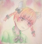  1girl animal_ears bowtie braid cat_ears dress expressionless extra_ears eyelashes facing_viewer head_tilt highres kaenbyou_rin looking_away pink_background portrait solo touhou traditional_media twin_braids watercolor_(medium) yuyu_(00365676) 