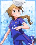  1girl 2014_fifa_world_cup aqua_eyes artist_request baba_konomi ball blue_background braid brown_hair idolmaster idolmaster_million_live! japan official_art soccer soccer_ball soccer_uniform sportswear white_soccer_ball world_cup 