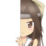  1girl :3 bow brown_eyes brown_hair facial_mark forehead_mark hair_bow hair_ribbon jintsuu_(kantai_collection) kantai_collection looking_at_viewer nagineko peeking_out ribbon school_uniform serafuku solo tagme 