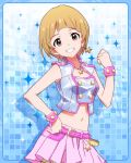  1girl :d artist_request blonde_hair bracelet brown_eyes crop_top earrings fukuda_noriko grin hand_on_hip idolmaster idolmaster_million_live! jewelry looking_at_viewer navel necklace official_art open_mouth pose short_hair skirt smile 