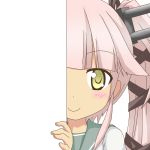  1girl hair_ornament hair_ribbon kantai_collection long_hair looking_at_viewer nagineko peeking_out pink_hair ribbon school_uniform serafuku side_ponytail smile solo tagme yellow_eyes yura_(kantai_collection) 