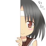  1girl black_hair brown_eyes headband kantai_collection looking_at_viewer nagara_(kantai_collection) nagineko peeking_out school_uniform serafuku short_hair smile solo tagme translated 