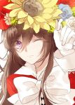  1girl alice_(pandora_hearts) blush bow braid brown_hair daisy flower gloves long_hair one_eye_closed pandora_hearts ribbon rose shirashima_yuri solo sunflower violet_eyes 