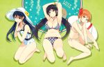 3girls alternate_hair_color arms_up barefoot bikini black_hair blue_hair bracelet breasts brown_eyes casual_one-piece_swimsuit choker earrings floral_print flower green_eyes hair_flower hair_ornament hands_on_own_chest hat hat_flower hibiscus hoshizora_rin innertube jewelry large_breasts long_hair love_live!_school_idol_project multiple_girls navel necklace one-piece_swimsuit orange_hair polka_dot polka_dot_bikini polka_dot_swimsuit print_bikini print_swimsuit ribbon_choker sasamori_tomoe scrunchie seiza short_hair sitting smile sonoda_umi sun_hat swimsuit toujou_nozomi twintails v_arms very_long_hair wrist_scrunchie wristband 