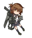  1girl anchor brown_eyes brown_hair chibi half_updo inazuma_(kantai_collection) kantai_collection looking_at_viewer machinery plus9 sleeves_past_wrists smile solo turret 