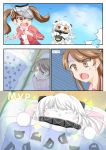  2girls :t brown_eyes brown_hair chestnut_mouth closed_eyes comic dreaming futon highres horns kantai_collection lying mittens monster multiple_girls northern_ocean_hime open_mouth orange_eyes pajamas pillow ryuujou_(kantai_collection) shinkaisei-kan silent_comic sleeping sparkle sweat teke28 torn_clothes translated twintails visor_cap wavy_mouth white_hair 
