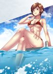  1girl bikini brown_eyes brown_hair caffein can feet_in_water highres meiko short_hair sitting soaking_feet swimsuit vocaloid water 