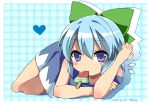  1girl artist_name blue_eyes blue_hair blush_stickers bow cirno dated hair_bow heart looking_at_viewer lying mouth_hold ochazuke on_stomach popsicle short_hair solo sweat touhou watermelon_bar 