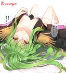  barefoot breasts c.c. code_geass collarbone creayus epaulettes green_hair legs looking_at_viewer lying on_back translation_request yellow_eyes 