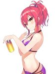  1girl bikini grin highres idolmaster idolmaster_cinderella_girls jougasaki_mika long_hair nail_polish navel pink_hair pink_nails profile purple_bikini short_ponytail smile snowflyer soda_can solo sweat swimsuit white_background yellow_eyes 