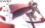  &gt;:d 1girl :d absurdres blurry brown_hair cape copyright_name depth_of_field highres holding hood looking_at_viewer open_mouth pantyhose pleated_skirt red_eyes ruby_rose rwby ryu_narb scythe short_hair skirt smile solo tagme 