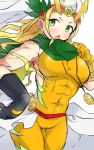  1girl abs akemaru armpits asymmetric_gloves bare_shoulders berries black_gloves blonde_hair blush bodysuit breasts covered_navel genderswap gloves green_eyes headdress highres jewelry large_breasts leaf lightning_bolt long_hair muscle necklace open_mouth pendant puzzle_&amp;_dragons scarf solo thor_(p&amp;d) yellow_gloves 