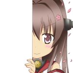  &gt;:) 1girl brown_eyes brown_hair detached_sleeves flower flower_on_head hair_ornament kantai_collection long_hair looking_at_viewer nagineko peeking_out petals smile solo tagme yamato_(kantai_collection) 